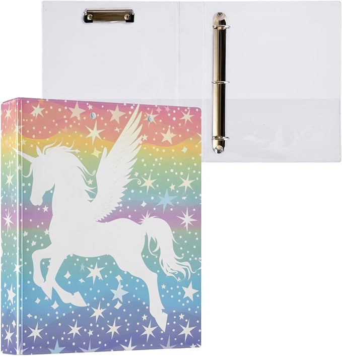 JIPONI 3 Ring Binder Winged Unicorn and Stars 1 Inch Round Binders for Men Women Students, Cute File Organizer for Office School, 1pc