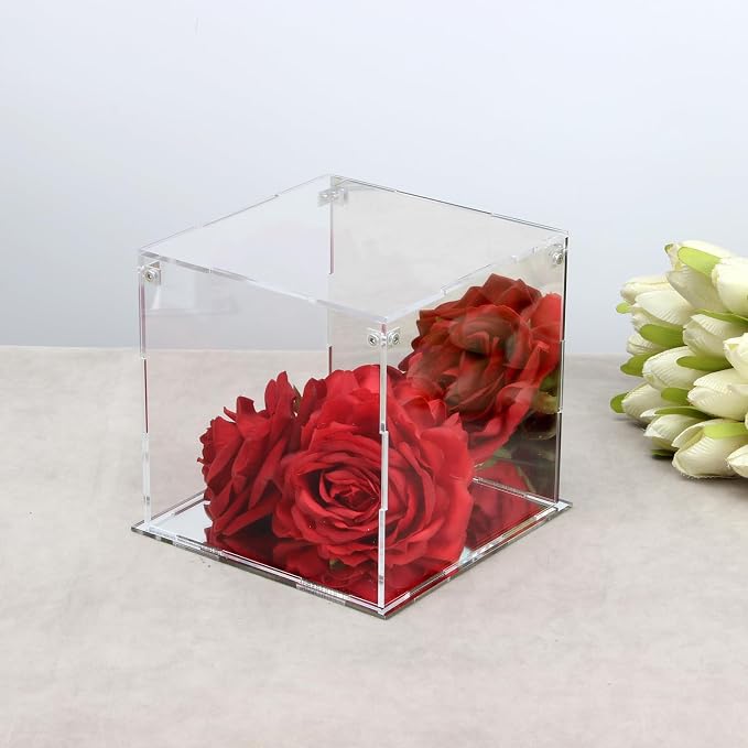 6x6x6Inch Self-Assemble Clear Acrylic Display Case with Mirror Back | Action Figure Dustproof Storage Display Box with Mirrored Base Stand, Cube Storage Containers for Home Office Collectibles