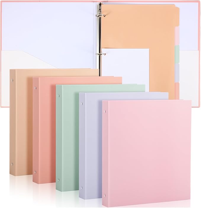 Ctosree 5 Sets 1 Inch Heavy Duty 3 Ring Binder with 2 Pockets with 5 Tab Dividers 8.5 x 11 Inch Plastic Film and File Folder Labels for Letter Size Paper Office Home Supplies(Lovely Color)