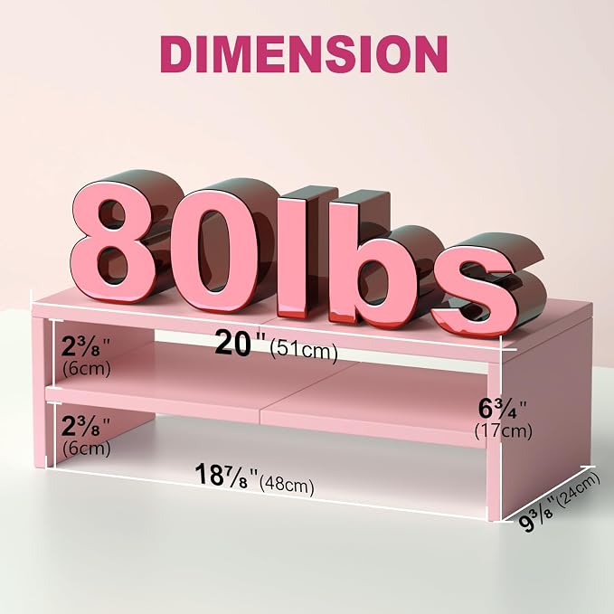 DS502P TEAMIX 20 inch Pink Monitor Riser Stand - 2 Tiers, Wood Desktop Bookshelf