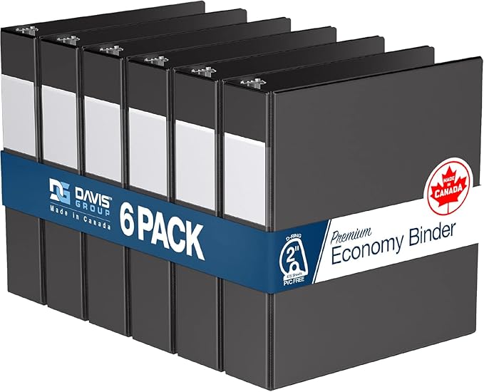 Premium Economy 3-Ring Binder, Spine Label, 2" D Rings, 6 Pack | Heavy-duty binder, fits 8.5" x 11" paper, black, customizable spine, made in Canada, ideal for school or office use