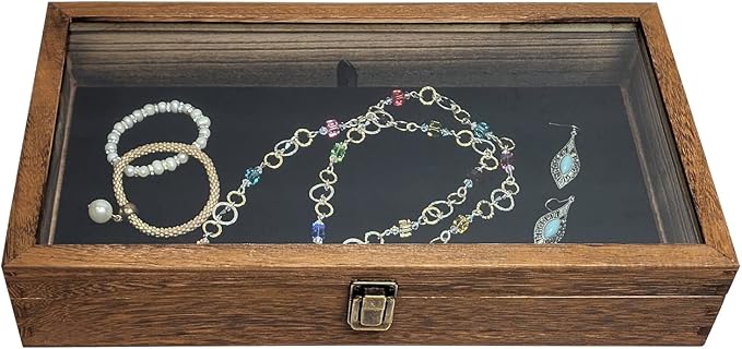 MOOCA Wood Jewelry Display Case with Tempered Glass Top, Velvet Pad | Wood display case with a glass top and removable black velvet pad accommodates taller jewelry and collectibles.