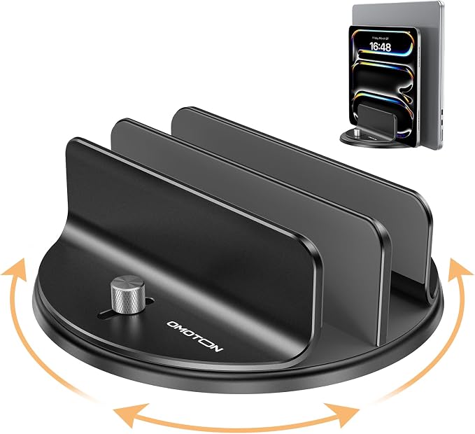 OMOTON 360° Vertical Laptop Stand Holder, Dual-Slot Aluminum Desk Organizer | Sides Knob Adjustment (No Lost Screws), Fits MacBook, iPad, Phones, and Tablets, Non-slip silicone, up to 17.3"