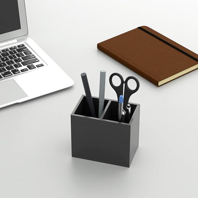 NIUBEE Black Pen Holder 2 Compartments, Acrylic Desk Pencil Organizer Cup | Scratch-resistant thick acrylic with 2 slots for pens, pencils, makeup brushes, office, vanity and school use