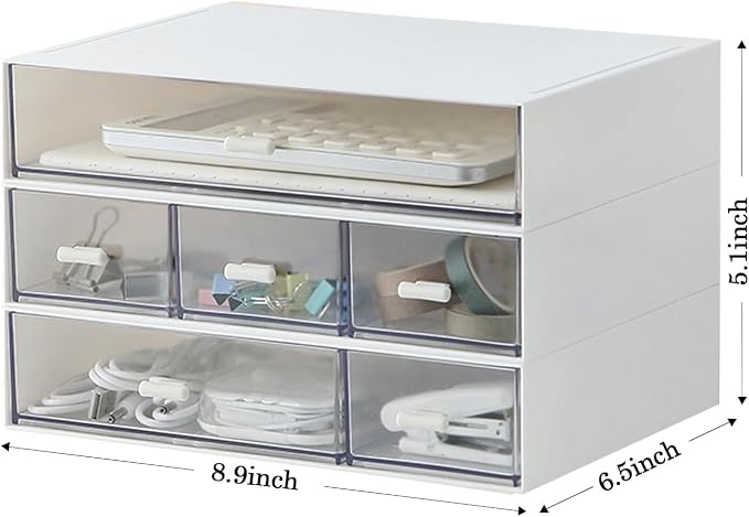 MILULUGO Desk Organizer with 6 Drawers, Makeup Organizer, Plastic Cosmetic Organizer, Bathroom Organization Boxes, Desktop Storage Box(White)