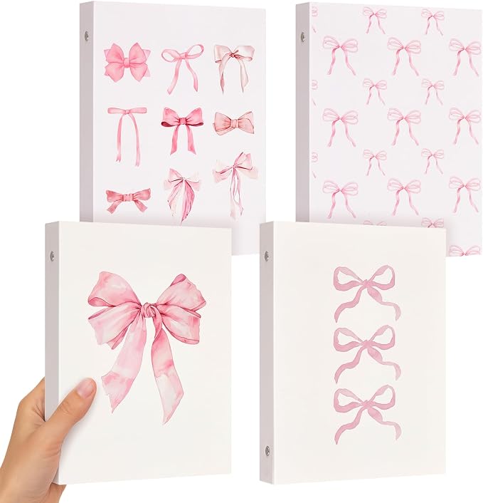 ReliThick 4 Pcs Mini Size Cute Bow 6 Ring Binder, 1 Inch Round Ring with Interior Pockets, Decorative Cute Binders, Clipboard Binder, Coquette School Supplies for School Office(Pink)