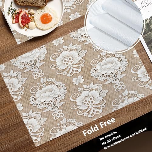 Batmerry Floral Linen Placemats Set of 8, Template White Lace Background Washable Table Mats for Kitchen Table Thickened Heat Insulation Dining Set Indoor Outdoor 12X18 in