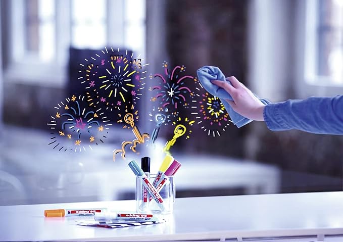 edding Multicolored 95 Glass Marker, 4pcs - Dry Erase Markers for Various Uses and Glass Surfaces Like Windshields, Windows, Glassboards, Mirrors, Menu Board and White Board - Made in Germany