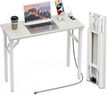 TEMI Small Computer Desk Folding Table - No Assembly, Compact 35.8" Foldable Desk with Power Outlets & USB Charging Port, Portable Small Office Desk, Ideal Mini Study Table for Narrow Spaces,White Ash