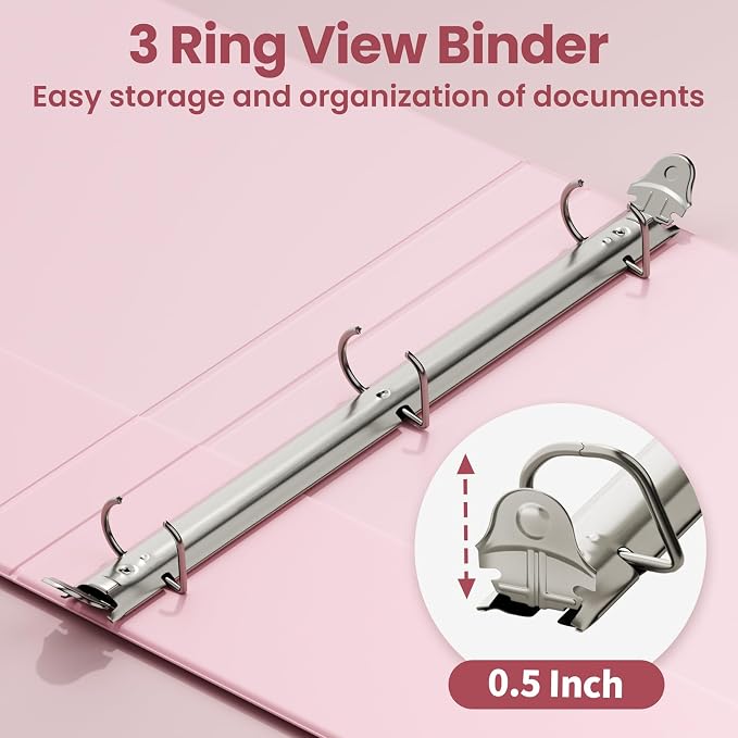SUNEE 3 Ring Binder, 1/2 Inch D Ring, Clear View PVC-Free (Fit 8.5x11 Inches) for School or Office, Pink, 1 Pack