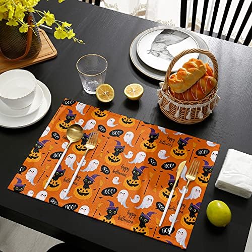 Vandarllin Happy Halloween Boo Placemats Set of 6, Cartoon Pumpkin Spooky Black Cats Ghosts Cotton Linen Stain Resistant Table Mats Washable Placemat Decoration for Kitchen Dining Table,Orange