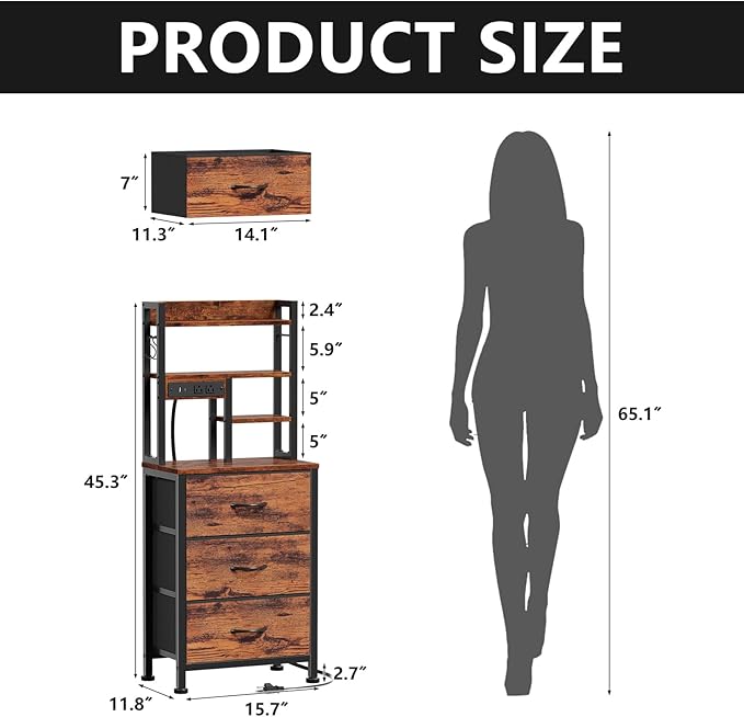 Tall Nightstand, 45.3" Bedside Table & End Table, 3 Fabric Drawers | RGB LED Lights & USB Ports & type-C, App + Key Control, 4-Tier Storage Shelves, Night Stand for Bedroom/Dorm/Office