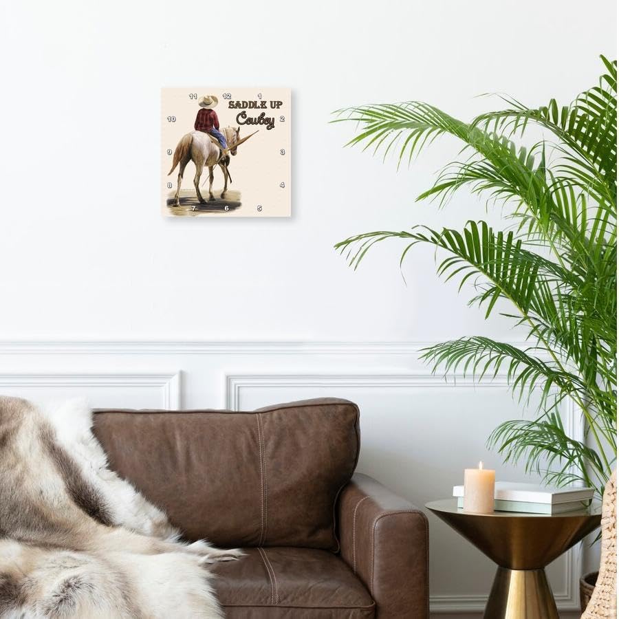 3dRose Wall Clock Silent - 10 inch - Saddle Up Cowboy Western Theme Painting - Western