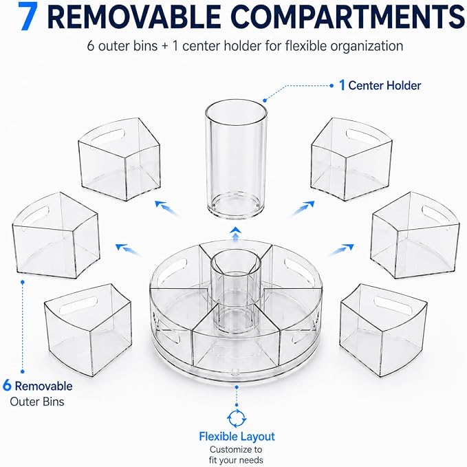 CraftGenes Rotating Organizer, Clear Acrylic Pen Holder and Pen Organizer for Desk, Art Supply Organizer and Marker Organizer, 7 Removable Compartments for Office Supplies, Classroom, Craft Room