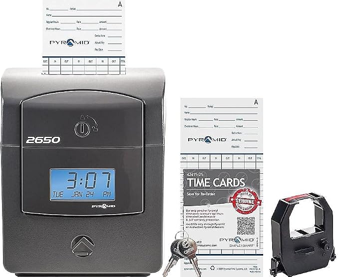 Pyramid Time Systems - 2650 Pro Auto Aligning Time Clock - Charcoal | Bundle Includes 25 Time Cards, Ribbon and 2 Security Keys (5"h x 7.25"w x 8.5"d)