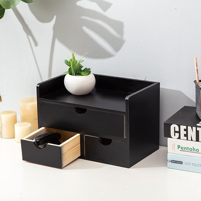Black Bamboo Desk Organizer Wooden Storage Cabinet 3 Drawers with Shelf Tabletop Organization Box Home Office Workspace Bathroom Toiletries Supplies Caddy Vanity Makeup Stationery Holder