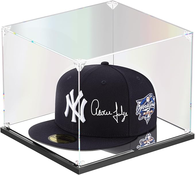 KOLIPI Hat Display Case for Baseball Caps, Acrylic Box 8.7x7.9x7.1 in | Baseball Cap Display Case for Snapback Hats Mini Helmets, Mirror Base, Dustproof, Stable and Stackable, Assembly Required