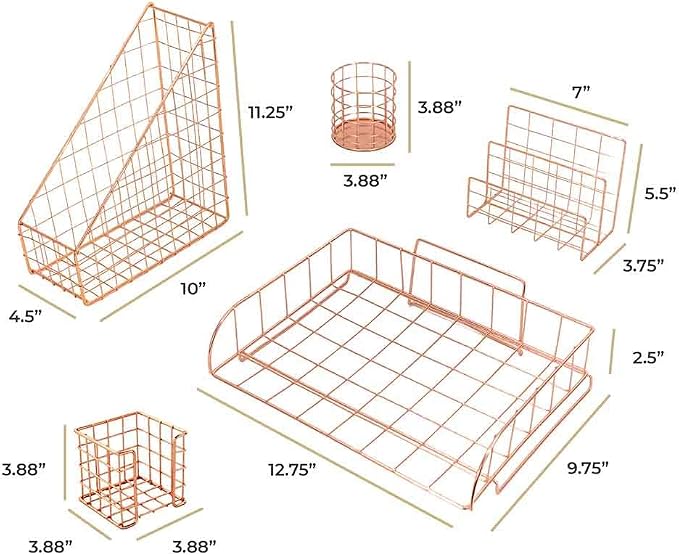 BLU MONACO | Rose Gold Desk Organizer Set 5 Piece | Mail Sorter Organizer Countertop with Letter Sorter for Desk | Standing File Organizer for Desk with Mesh Pen Holders