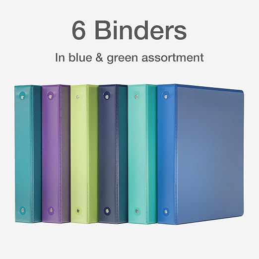 Cardinal 3 Ring Binders, Binders for School and Office, Durable 1.5 Inch, Holds 350 Sheets, ClearVue Presentation View, Non-Stick, Blue and Green Assortment, 6 Pack (1002480)