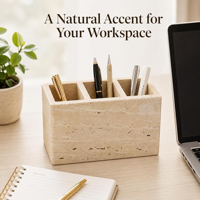 Travertine Desk Organizer, 3 Compartment Pencil Holder | for Pens, Makeup Brushes, Office Supplies and Bathroom Counter Decor, 5.91 x 3.94 x 3.94 in