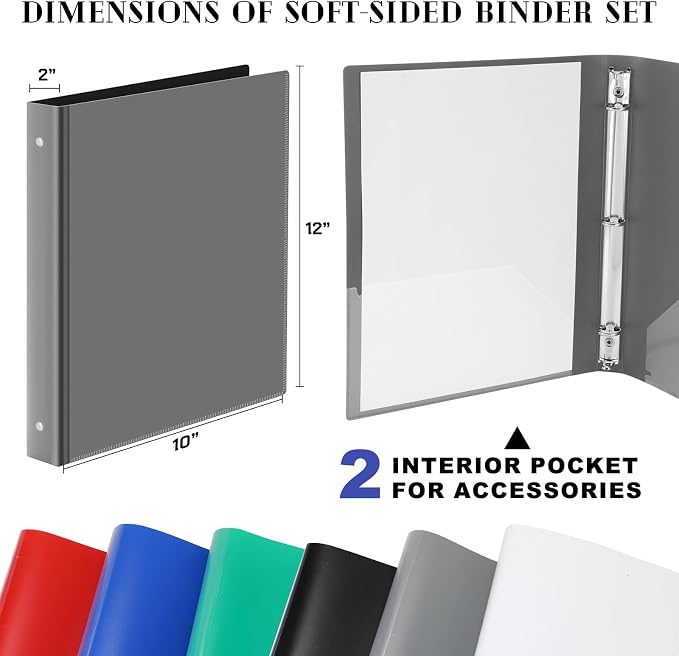 Fulmoon 6 Pack 2 Inch Plastic 3 Ring Binders with Pockets, Classic Colors | Flexible Covers with Round Rings and Front Pockets for Organizing Papers at School, Office, Meetings and Presentations