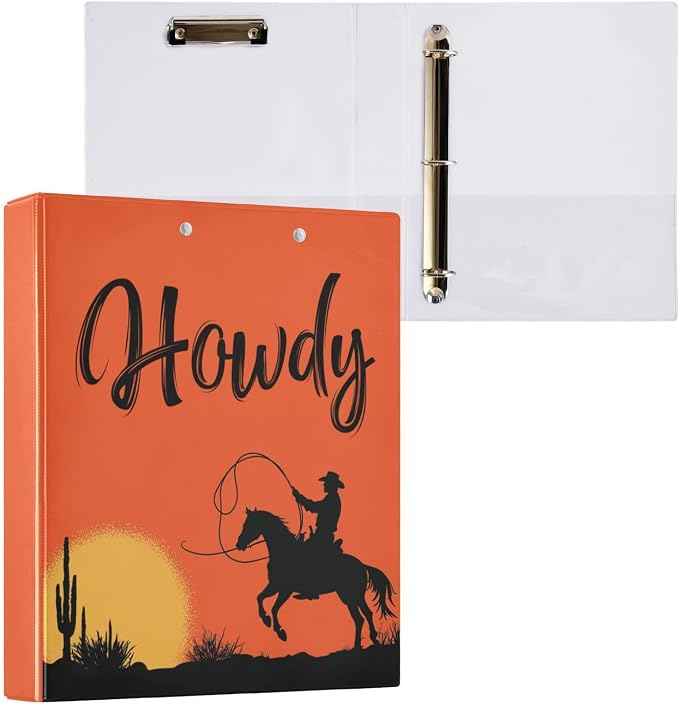 Western Cowboy Binder 1.5 Inch Binder with Clipboard&Pockets, Orange Howdy Quote Cowboy Hardcover Binders 3 Ring, Heavy Duty Large File Folder for Office School Supplies - Holds 200 Sheets