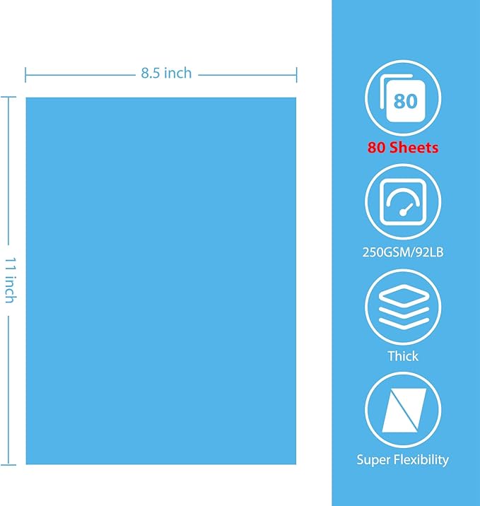 OcePor 80 Sheets Blue Cardstock Paper, Colored Printer Paper 8.5 x 11, Thick Construction for Cards Making, Scrapbook，Office Printing, Invitations, Certificates，DIY Crafting 92 lb/250gsm