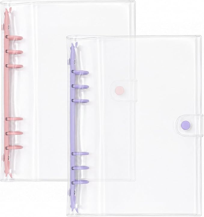 A5 Binder 6 Ring, Clear PVC Notebook Cover, Refillable Planner | Loose Leaf Budget Binder with Snap Button Closure, Round Ring Binder for School Office Home, 2 Pack, Purple and Pink
