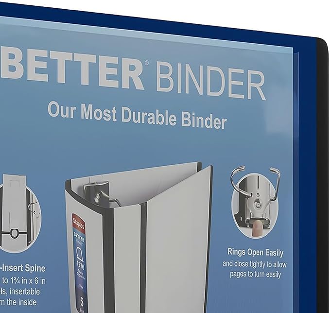 Staples Better 5-Inch D-Ring View Binder, Blue, Reinforced Spine | Extra-large capacity binder for archiving everyday office documents.