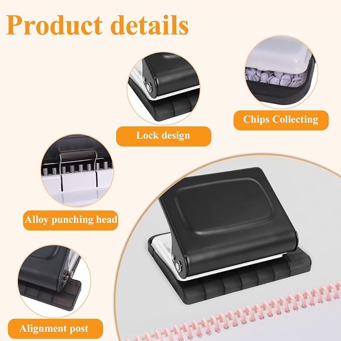 10 Hole Punch Binding Machine for Planners with 10 Multi-Color Binder Rings | 30 Holes on A4, 20 Holes on A5, 26 Holes on B5, 10 Sheet Capacity (Black)