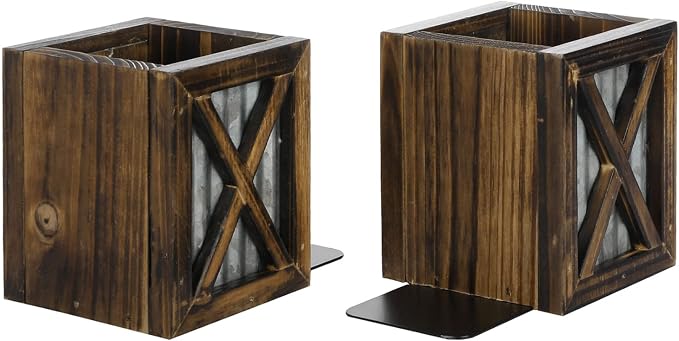 MyGift Rustic Bookends with Pen Holder, Wood & Metal Desk Organizer | Keeps books upright while built-in compartments organize pens, pencils, and desk essentials for work or study spaces