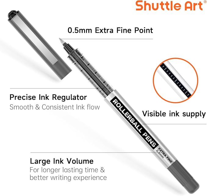 Shuttle Art RollerBall Pens, 50 Pack Black Fine Point Roller Ball Pens, 0.5mm Liquid Ink Pens for Writing Journaling Taking Notes School Office