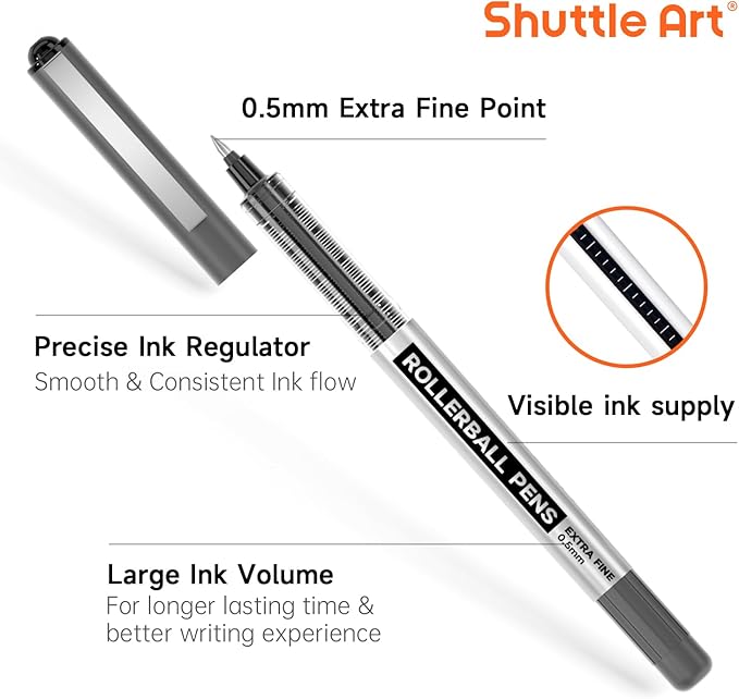 Shuttle Art Rollerball Pens, 10 Pack(8 black 1 blue 1 red) Liquid Ink Pens, 0.5mm Extra Fine Point, Quick Drying for Writing Journaling Taking Notes School Office