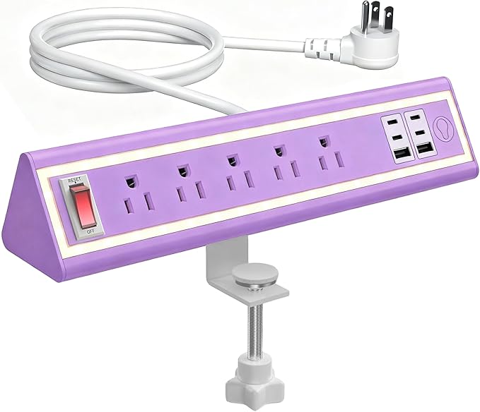 Desk Clamp Power Strip with Nightlight, 40W Fast Charging, 10FT Extension Cord, 4x20W USB-C & 2 USB Ports, 5 AC Outlets, Fits 1.69-Inch Table Edges