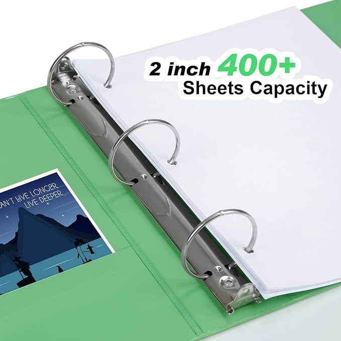 COMIX Sturdy Standard 2 Inch 3 Ring Binder with Clear View Cover | 2"Round Ring,PVC-Free,Holds 400 Letter Sheets,Morandi Multicolor for Students & Office,6 Pack (Sea Green)