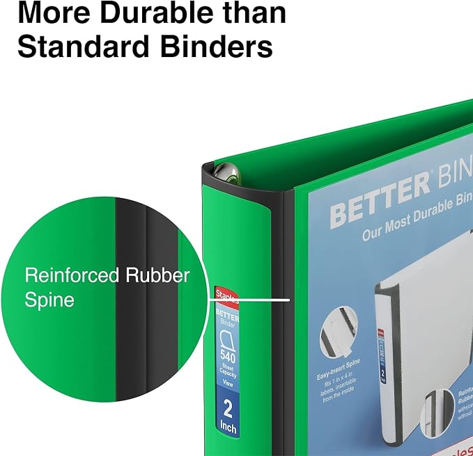 Staples Heavy-Duty 2-Inch D-Ring Binder, Green, Holds 540 Sheets | Large-capacity 3-ring binder with pockets for document storage.