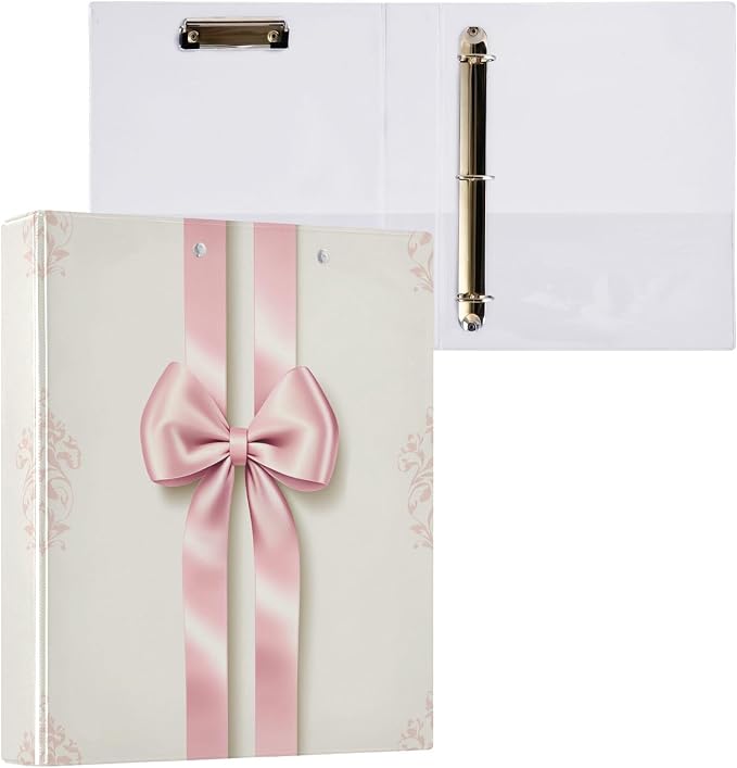 Bow Ribbon Pastel Color Round Ring Binders 1.5 Inch Bowknot Black Doodle Pattern 3 Ring Clipboard Binder for Office School Work Supplies File Folder Document 200 Sheet Capacity Easy Open