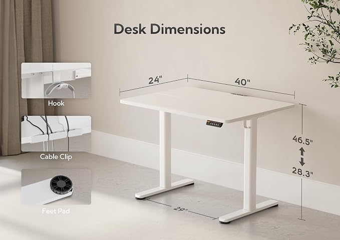Claiks Electric Height Adjustable Standing Desk, 40x24 Inch, White | Smooth Height Adjustment, 3 Memory Presets, Cable Management Hub&Hook, Stable Steel Frame, 176lbs Capacity, Easy Assembly