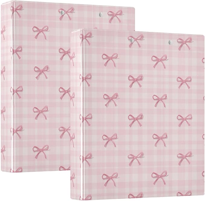 Aslsiy Pink Checkered Little Bows 3 Ring Binder 1.5 Inch Round Clipboard Binder Decorative Harcover Binder Organizer for Office Supplies