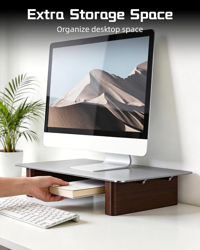Aluminum Monitor Stand Riser, Ergonomic Desktop Shelf with Wooden Legs - 15.75” Wide Heavy Duty Computer Stand for Home Office, Universal Desktop Monitor Riser for PC, iMac, MacBook, Laptop