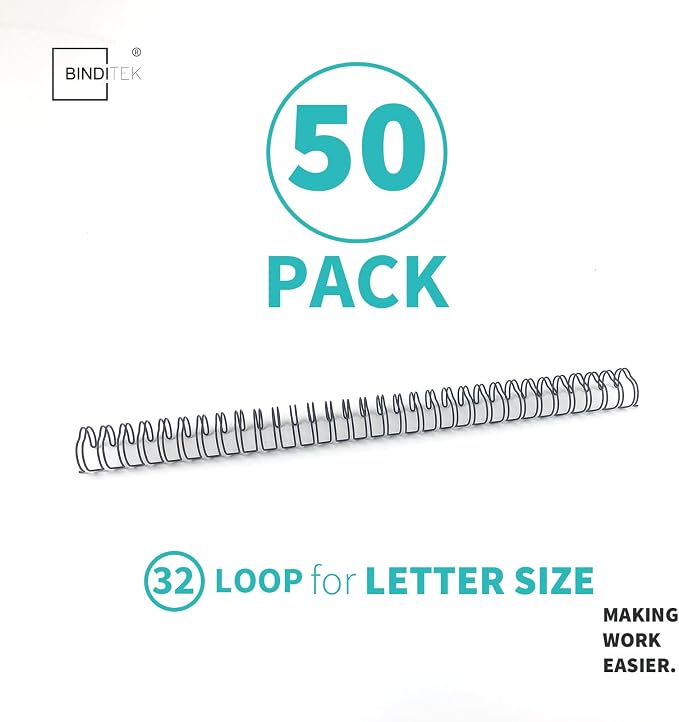 Metal Double Loop Wire Binding Spines, 1/2 Inch, 3:1 Pitch, Black 50 Pack | Wire Binding Spines for Letter Size, 32-Loop, 100 Sheet Capacity, for Reports, Manuals and Projects