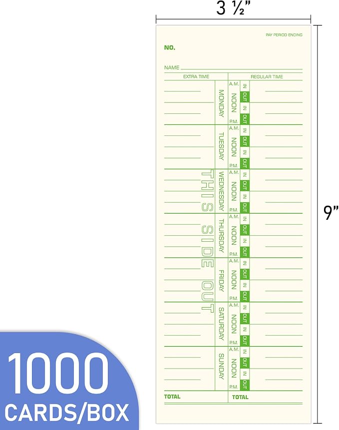 Weekly Time Cards 1-Sided, 3-1/2" x 9", Named Days, 1000-Count,Time Cards for Employees, Green Print, Timecards for Time Clocks