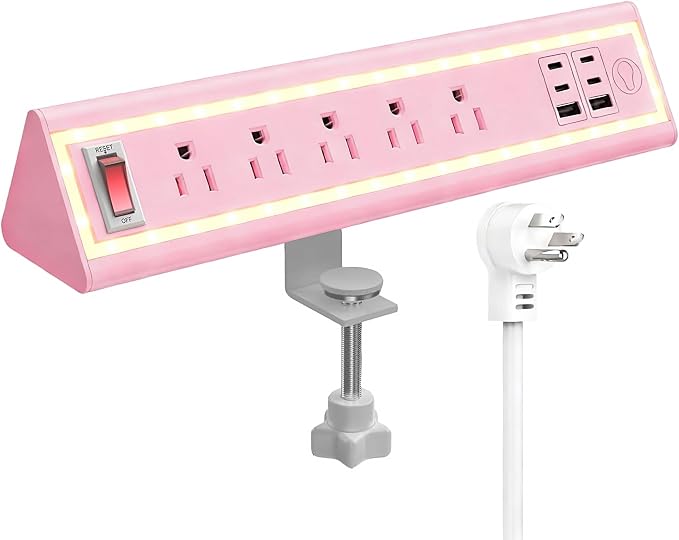 Desk Clamp Power Strip with Nightlight, 40W Fast Charging, 6FT Extension Cord, 4x20W USB-C & 2 USB Ports, 5 AC Outlets, Fits 1.69-Inch Table Edges