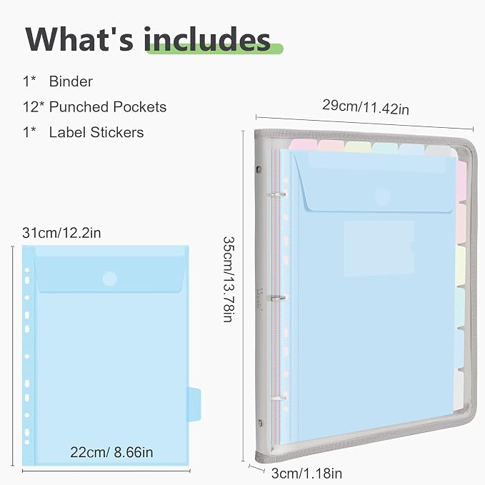 Uquelic Document Organizer, Soft PVC 3 Ring Binder with 12 Pockets | Colorful Zipper Binder with Dividers Letter Size, Large Capacity Cute Folder for School, Office & Home Use (Grey)