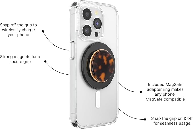 PopSockets Phone Grip for MagSafe, Magnetic Holder- Tortoise | Removable, For Kindle / Android / iPhone, With Magnet, Tortoise, Shell, iPad, Removable, Popper