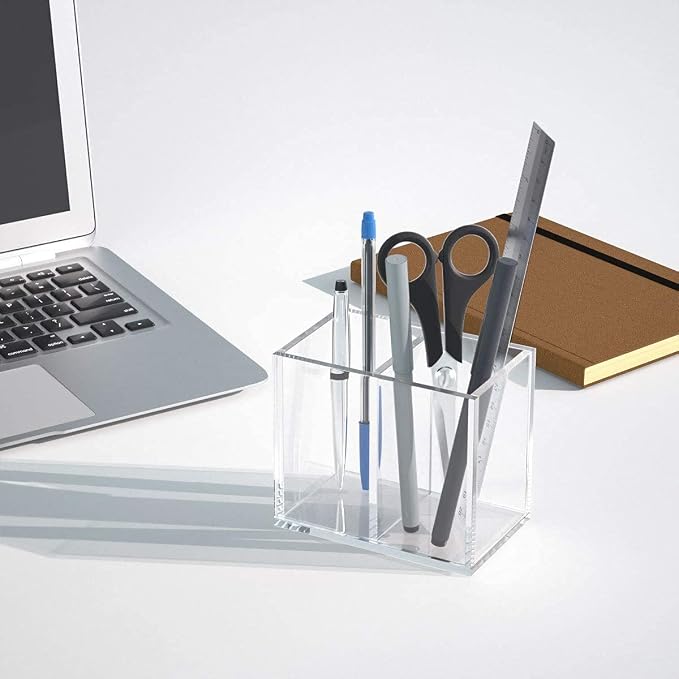 NIUBEE Acrylic Pen Holder 2 Compartments, Clear Pencil Organizer Cup for Countertop Desk Accessory Storage | Scratch-resistant thick acrylic with 2 slots for pens, pencils, makeup brushes, office, vanity and school use