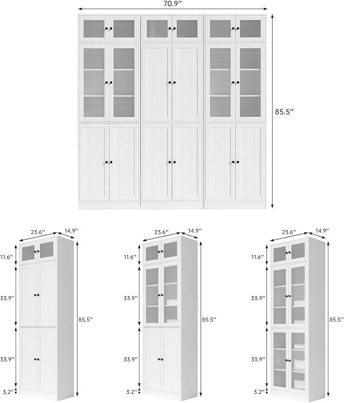 TUSY 85.5" Modern Tall Bookcase with Glass Doors, 7-Tier Wood Bookshelf with Storage for Home Office, Large Curio Cabinet for Living Room, Office, Bedroom, Family Room (White, BCB)