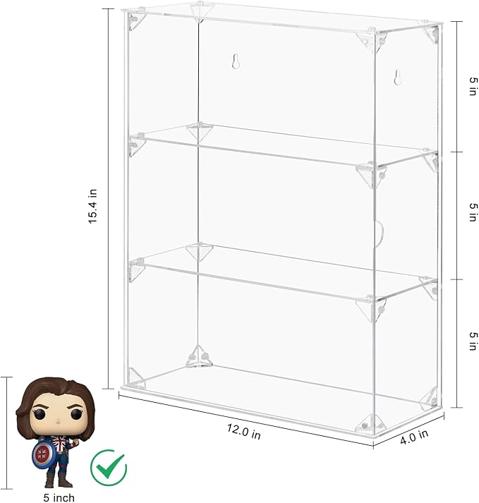 Acrylic Display Case, 3 Tier Clear Display Case for Funko Pop Figures, Wall Mounted or Desktop Dustproof Display Cabinet Box for Collectibles Figurines Lego Models Dolls Mini Toys (12x4x15.4 inch)