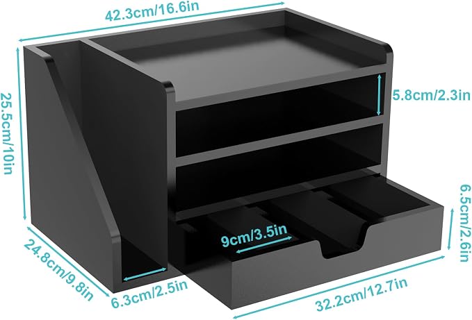 Multi-Tier Wood Desk File Organizer, 3 Tray Shelves & Adjustable Drawer - Space-Efficient Design for Efficient Office Setup, Reduces Desk Clutter (Black)