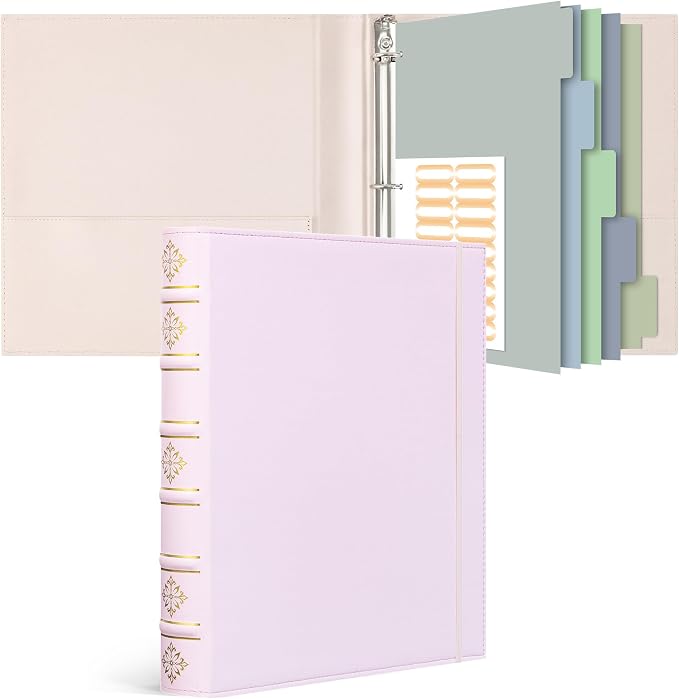 Ospelelf Vintage Leather 3 Ring Binder 1 Inch, Hardback D Ring Binder with Pockets and 5 Tab Dividers, Book Style Document Organizer Fits Letter Size Paper for Home and Office Pink
